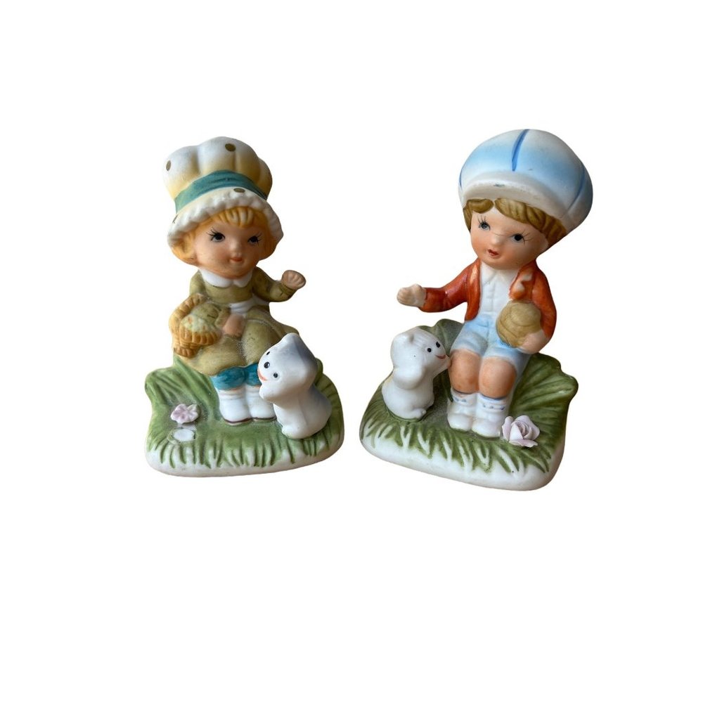 Homeco Home Interiors Boy Girl Kitten figurines 1430 Set Cap Child Vintage READ